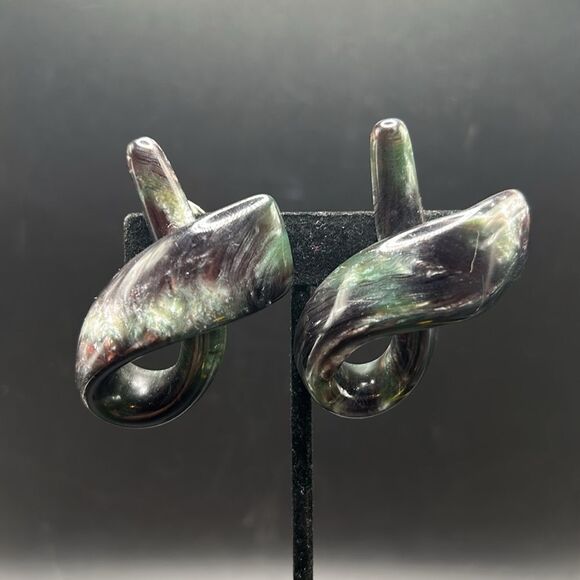 VTG Statement Clip On Acrylic Swirl Ribbon Shape Dark Green 80s - Picture 5 of 9